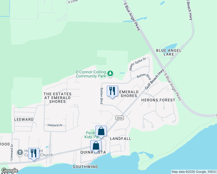 map of restaurants, bars, coffee shops, grocery stores, and more near 346 Mizzen Lane in Pensacola