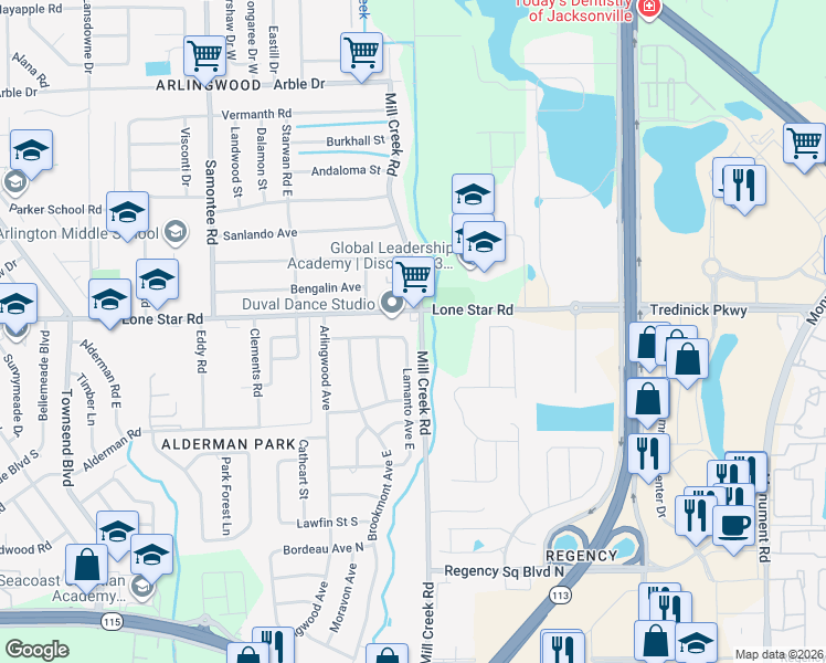 map of restaurants, bars, coffee shops, grocery stores, and more near in Jacksonville