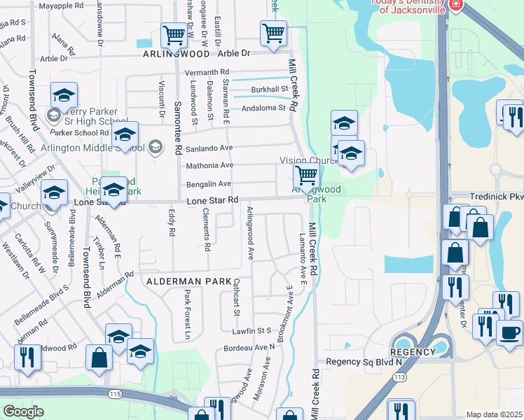 map of restaurants, bars, coffee shops, grocery stores, and more near 1475 Arlingwood Avenue in Jacksonville