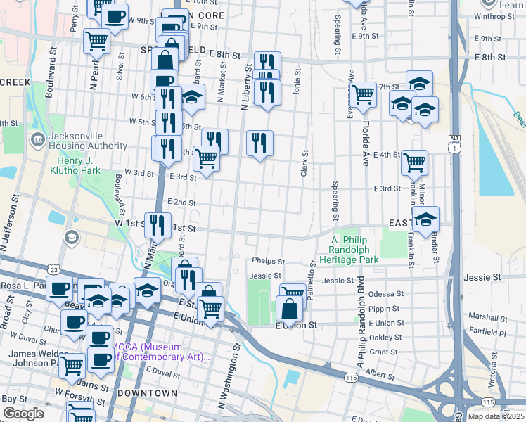 map of restaurants, bars, coffee shops, grocery stores, and more near 419 East 2nd Street in Jacksonville