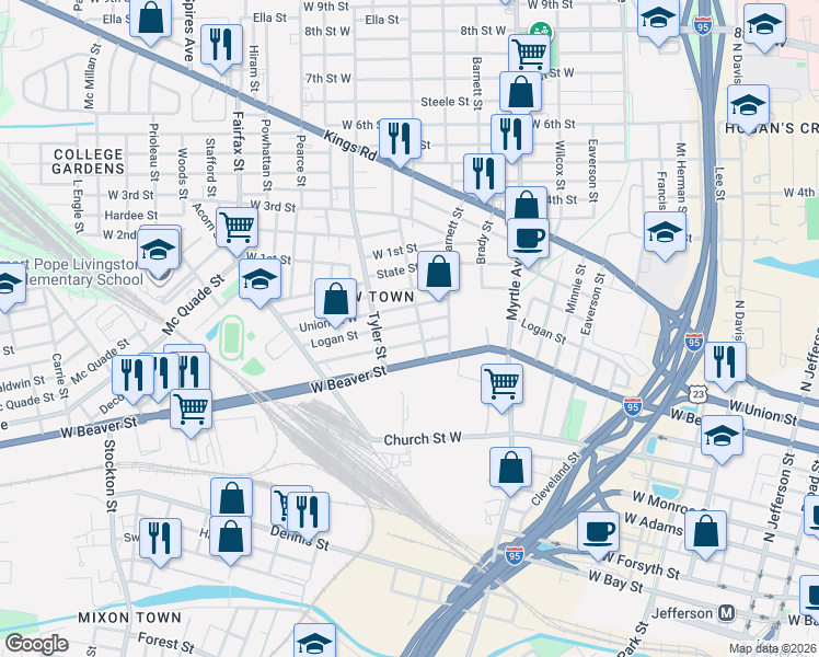 map of restaurants, bars, coffee shops, grocery stores, and more near 803 Rushing Street in Jacksonville