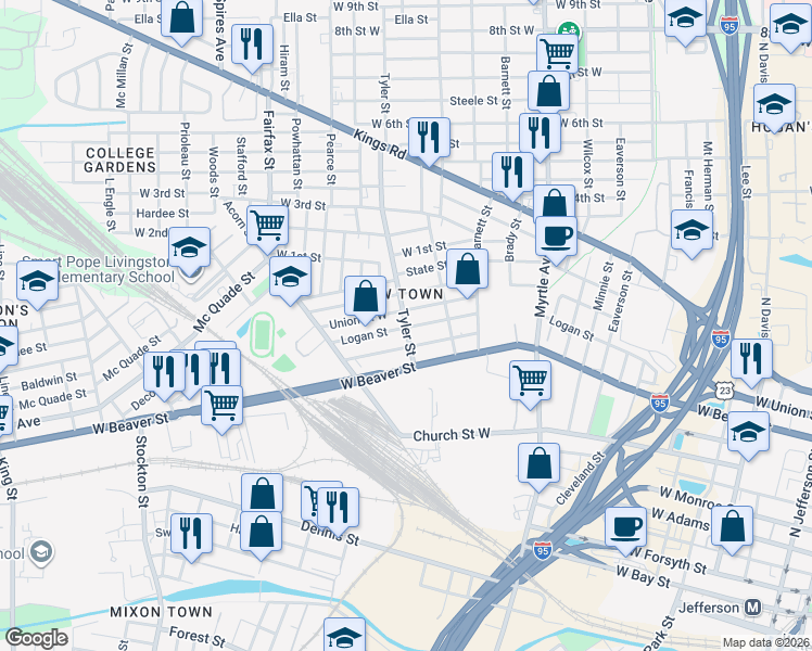 map of restaurants, bars, coffee shops, grocery stores, and more near 1492 Union Street West in Jacksonville
