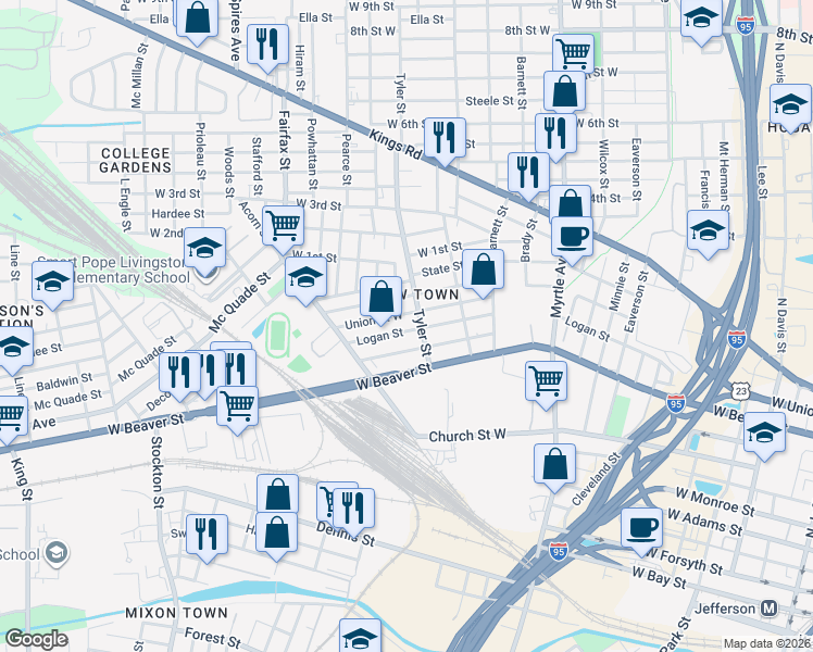 map of restaurants, bars, coffee shops, grocery stores, and more near 1545 Union Street West in Jacksonville