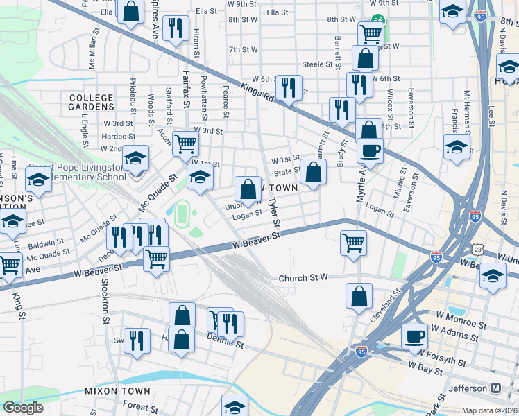 map of restaurants, bars, coffee shops, grocery stores, and more near 1545 Union Street West in Jacksonville