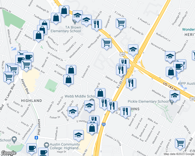map of restaurants, bars, coffee shops, grocery stores, and more near 409 Delmar Avenue in Austin