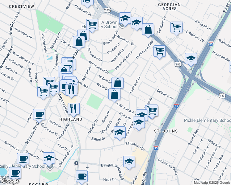 map of restaurants, bars, coffee shops, grocery stores, and more near 107 West Croslin Street in Austin