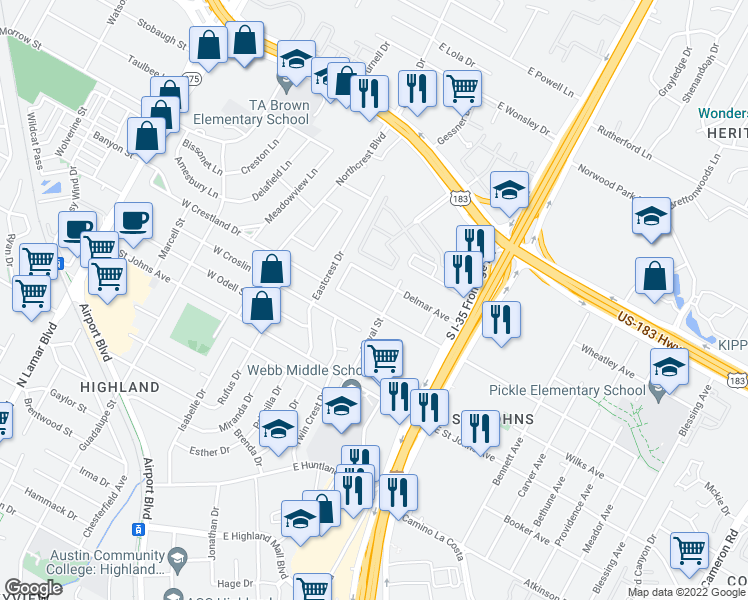 map of restaurants, bars, coffee shops, grocery stores, and more near 409 Delmar Avenue in Austin