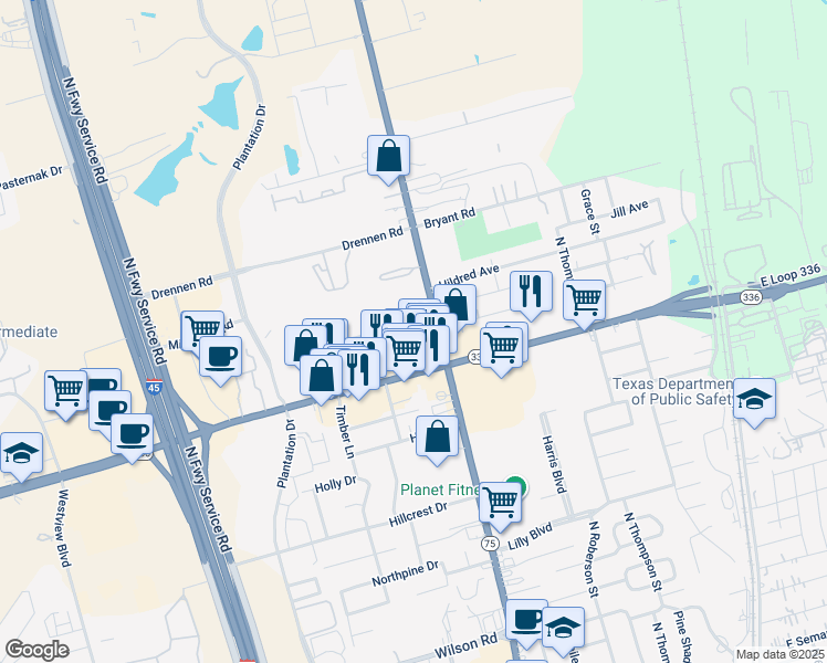 map of restaurants, bars, coffee shops, grocery stores, and more near 2205 North Frazier Street in Conroe