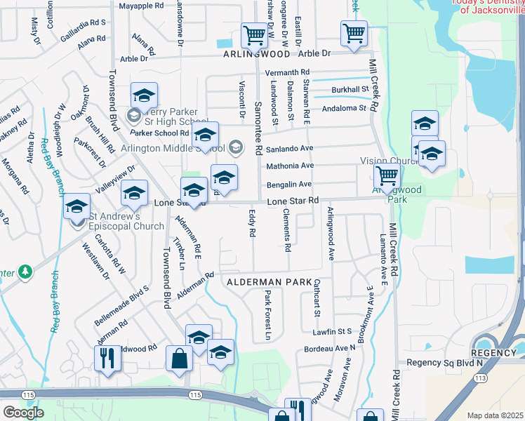 map of restaurants, bars, coffee shops, grocery stores, and more near 8242 Lone Star Road in Jacksonville