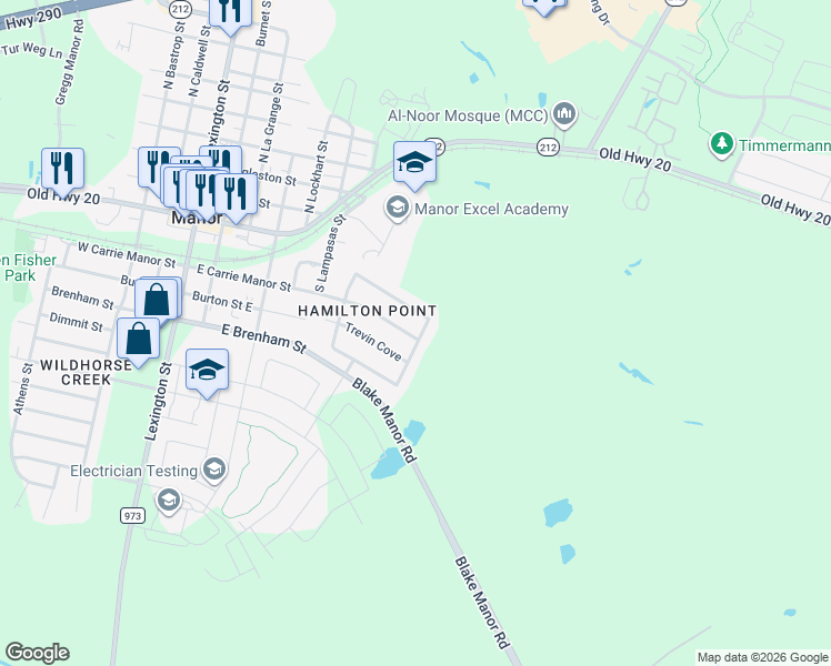 map of restaurants, bars, coffee shops, grocery stores, and more near 16908 Jaron Drive in Manor
