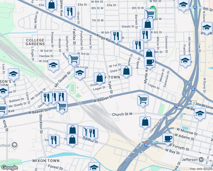 map of restaurants, bars, coffee shops, grocery stores, and more near 1545 Union Street West in Jacksonville