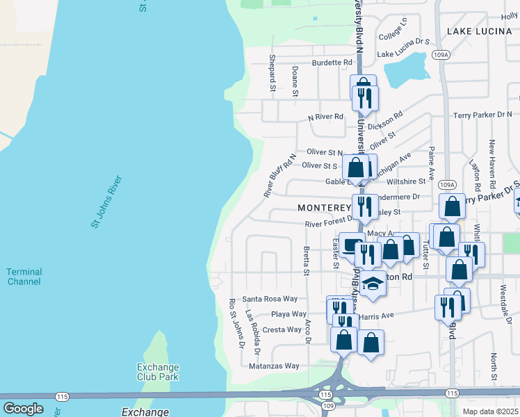 map of restaurants, bars, coffee shops, grocery stores, and more near 1631 River Bluff Road North in Jacksonville