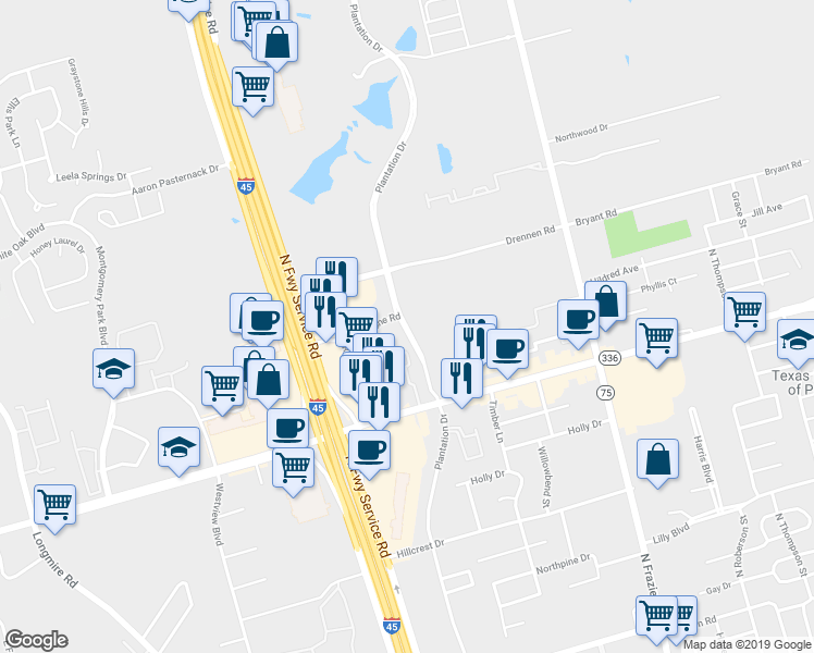 map of restaurants, bars, coffee shops, grocery stores, and more near Plantation Drive in Conroe