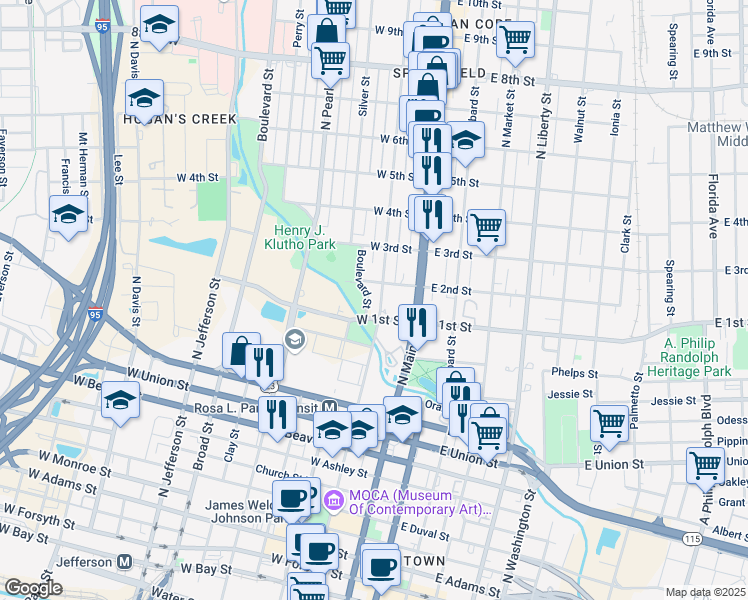 map of restaurants, bars, coffee shops, grocery stores, and more near 1140 North Laura Street in Jacksonville