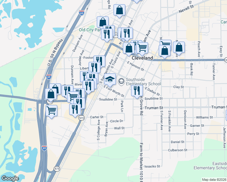 map of restaurants, bars, coffee shops, grocery stores, and more near 202 East Fort Worth Street in Cleveland
