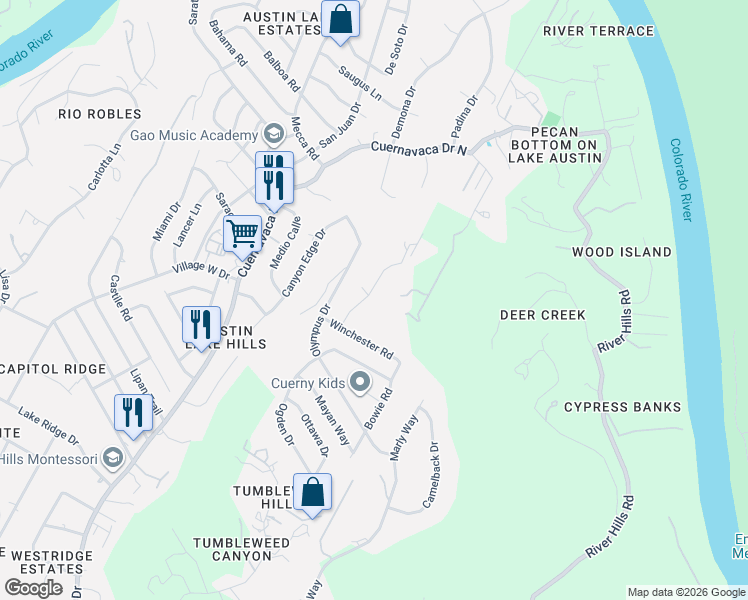 map of restaurants, bars, coffee shops, grocery stores, and more near 1609 Corto Lane in Austin