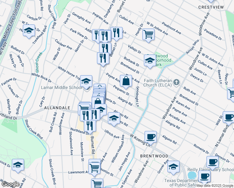 map of restaurants, bars, coffee shops, grocery stores, and more near 2000 Alegria Road in Austin