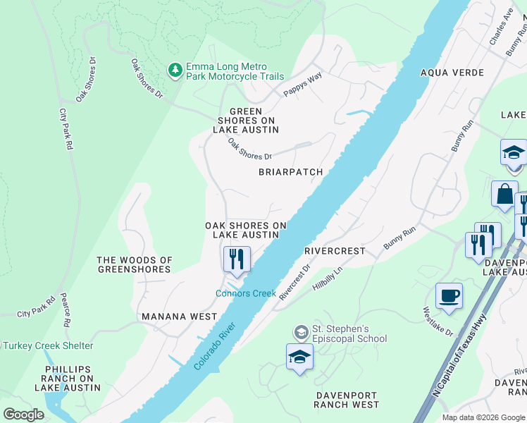 map of restaurants, bars, coffee shops, grocery stores, and more near 3229 Smoky Ridge in Austin