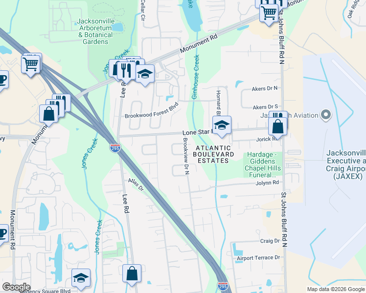 map of restaurants, bars, coffee shops, grocery stores, and more near 10258 Fontana Court North in Jacksonville