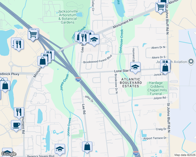 map of restaurants, bars, coffee shops, grocery stores, and more near 10139 Geni Hill Circle North in Jacksonville
