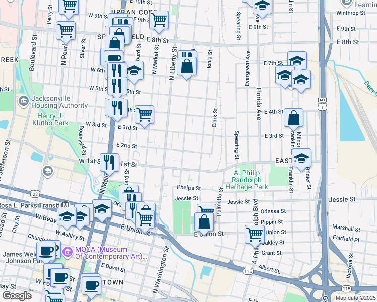 map of restaurants, bars, coffee shops, grocery stores, and more near 419 East 2nd Street in Jacksonville
