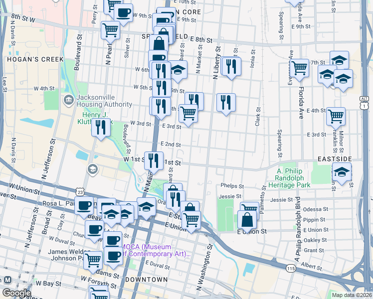 map of restaurants, bars, coffee shops, grocery stores, and more near 130 East 2nd Street in Jacksonville