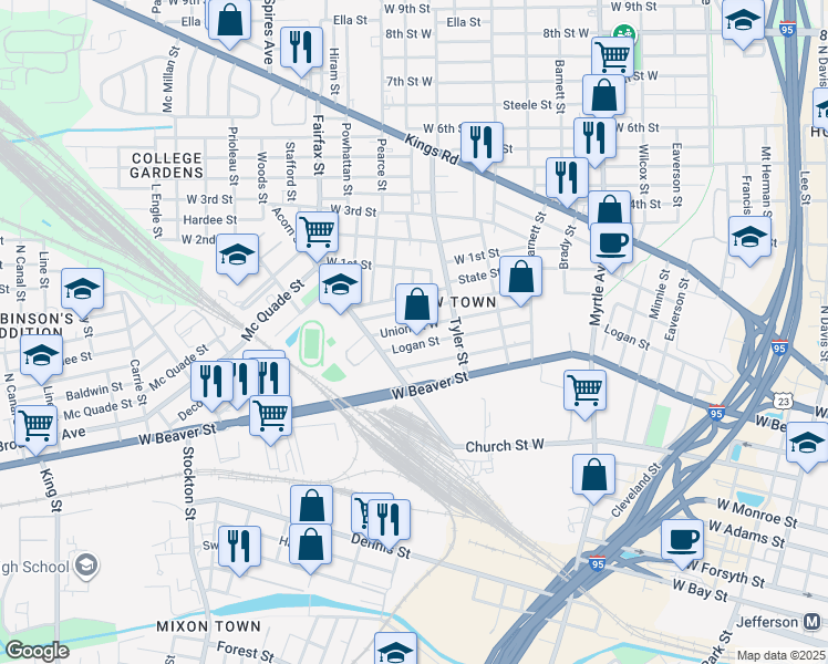 map of restaurants, bars, coffee shops, grocery stores, and more near 1545 Union Street West in Jacksonville