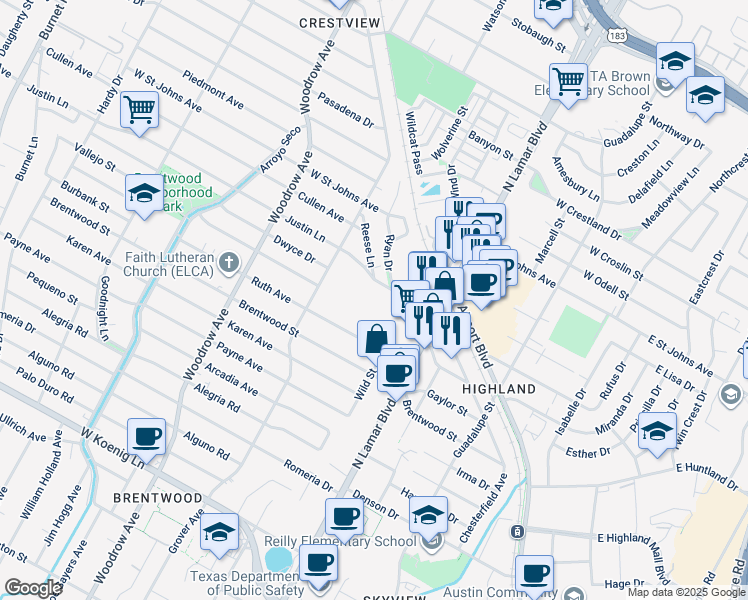 map of restaurants, bars, coffee shops, grocery stores, and more near 1001 Justin Lane in Austin