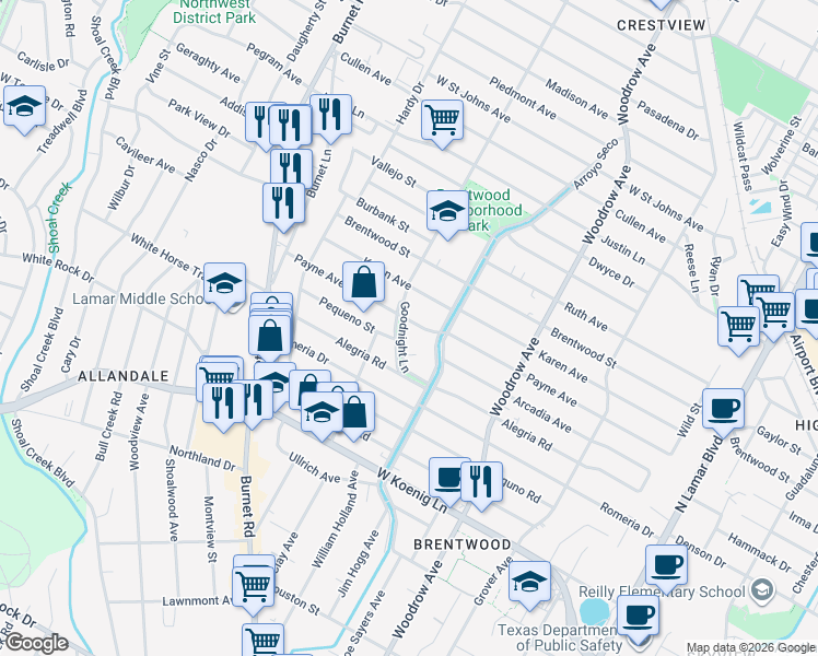map of restaurants, bars, coffee shops, grocery stores, and more near Goodnight Lane in Austin