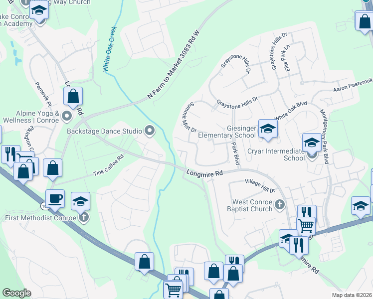 map of restaurants, bars, coffee shops, grocery stores, and more near 2410 Bramlet Drive in Conroe