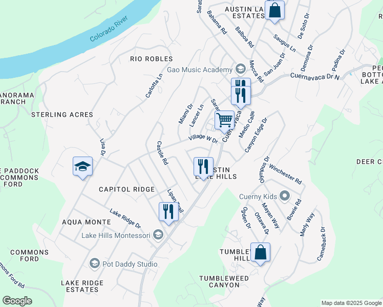 map of restaurants, bars, coffee shops, grocery stores, and more near 1211 Miami Drive in Austin