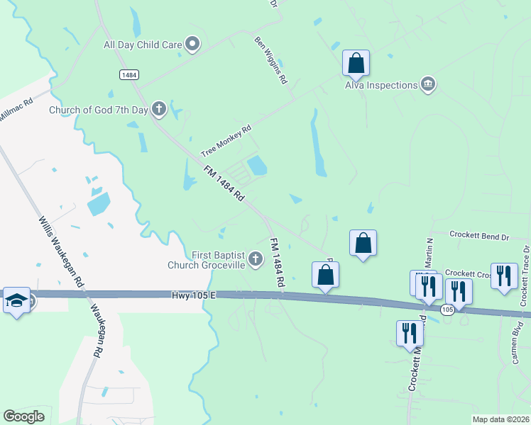 map of restaurants, bars, coffee shops, grocery stores, and more near 18994 FM 1484 Road in Conroe