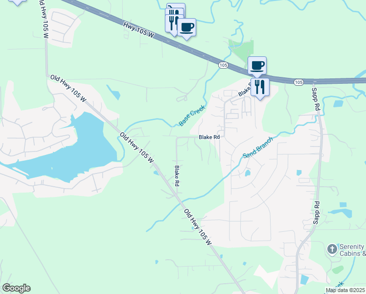 map of restaurants, bars, coffee shops, grocery stores, and more near 1525 Blake Road in Conroe