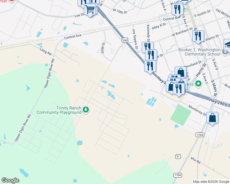 map of restaurants, bars, coffee shops, grocery stores, and more near 600 Highway 290 in Elgin