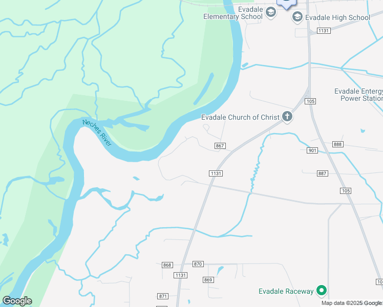 map of restaurants, bars, coffee shops, grocery stores, and more near 440 Private Road 8251 in Evadale
