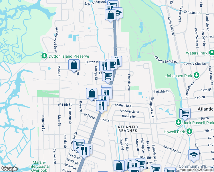map of restaurants, bars, coffee shops, grocery stores, and more near 1770 Mayport Road in Atlantic Beach
