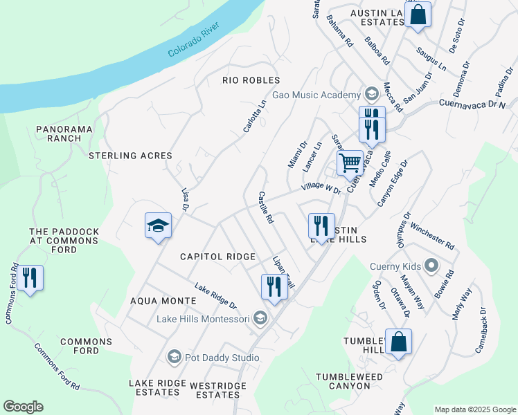 map of restaurants, bars, coffee shops, grocery stores, and more near 1107 Village West Drive in Austin