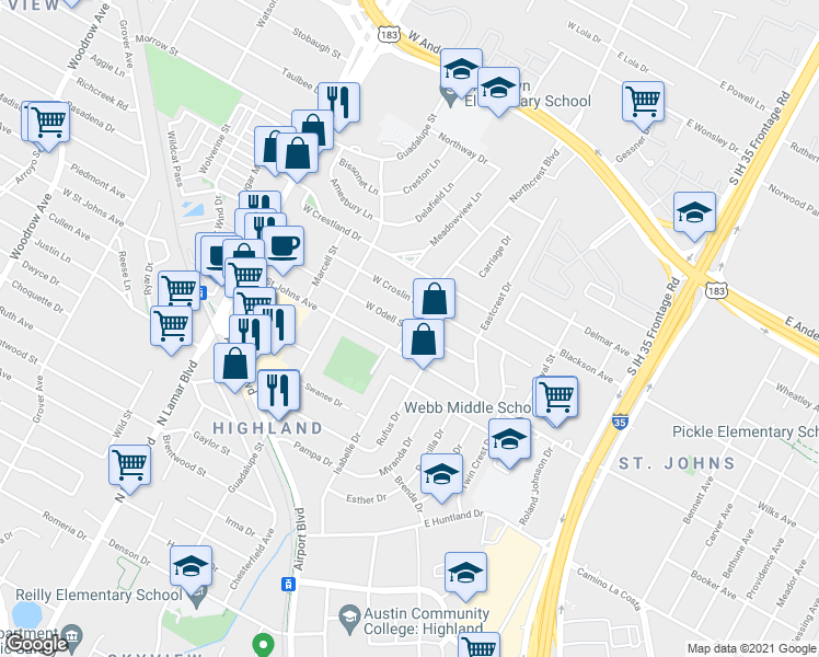map of restaurants, bars, coffee shops, grocery stores, and more near Northcrest Boulevard & West Odell Street in Austin