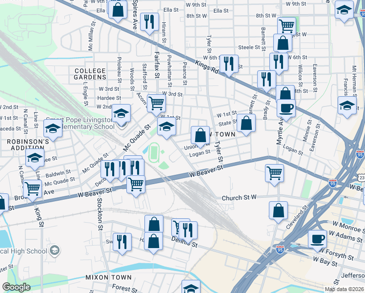 map of restaurants, bars, coffee shops, grocery stores, and more near 1645 Union Street West in Jacksonville