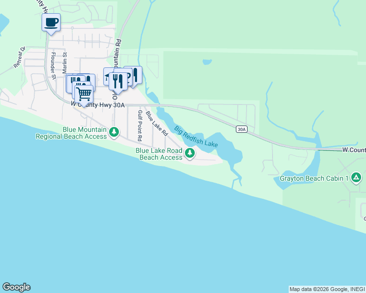 map of restaurants, bars, coffee shops, grocery stores, and more near 303 Blue Lake Road in Santa Rosa Beach