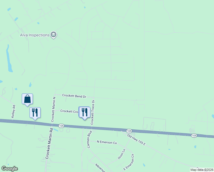 map of restaurants, bars, coffee shops, grocery stores, and more near 16397 Ryan Guinn Way in Conroe