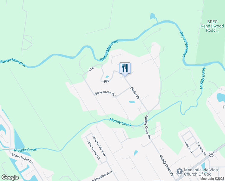map of restaurants, bars, coffee shops, grocery stores, and more near 40364 Belle Helene Road in Prairieville