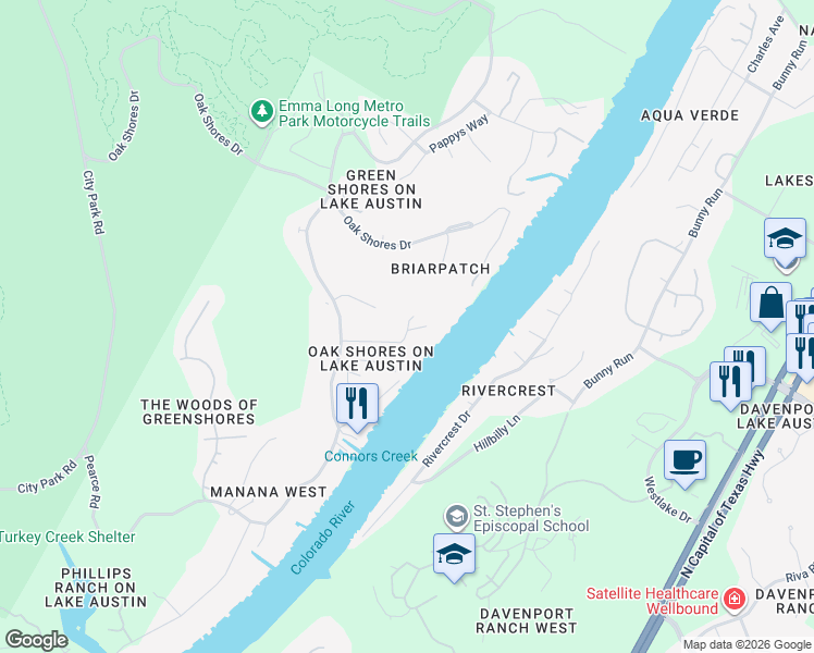 map of restaurants, bars, coffee shops, grocery stores, and more near 3229 Smoky Ridge in Austin