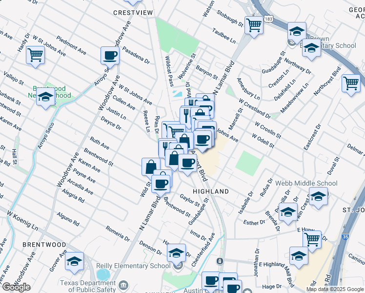 map of restaurants, bars, coffee shops, grocery stores, and more near in Austin