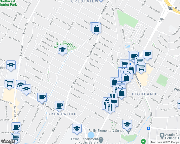 map of restaurants, bars, coffee shops, grocery stores, and more near 1213 Ruth Avenue in Austin