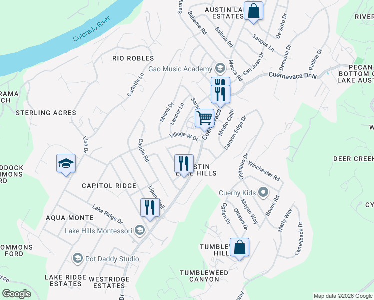 map of restaurants, bars, coffee shops, grocery stores, and more near 1312 Orlando Road in Austin