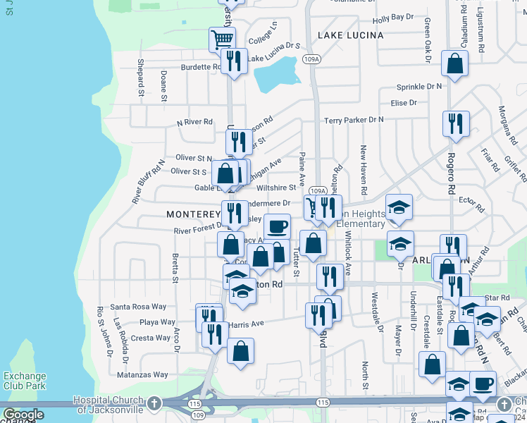 map of restaurants, bars, coffee shops, grocery stores, and more near 1619 Almira Street in Jacksonville