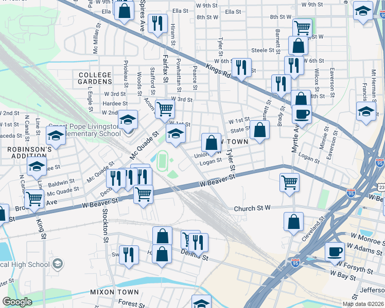 map of restaurants, bars, coffee shops, grocery stores, and more near 1645 Union Street West in Jacksonville