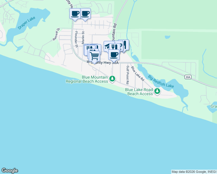 map of restaurants, bars, coffee shops, grocery stores, and more near 248 Blue Mountain Road in Santa Rosa Beach