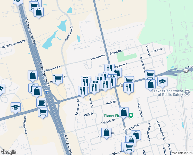 map of restaurants, bars, coffee shops, grocery stores, and more near 2213 North Frazier Street in Conroe